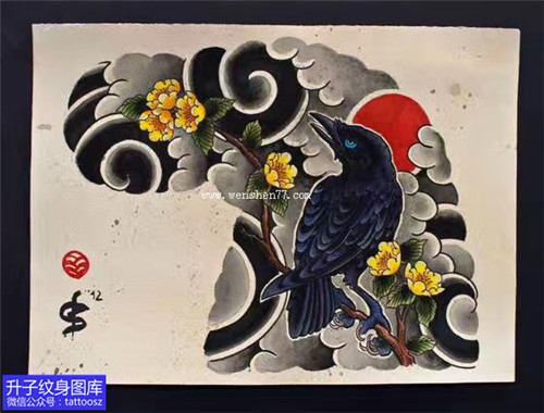 老传统半甲乌鸦纹身手稿图案