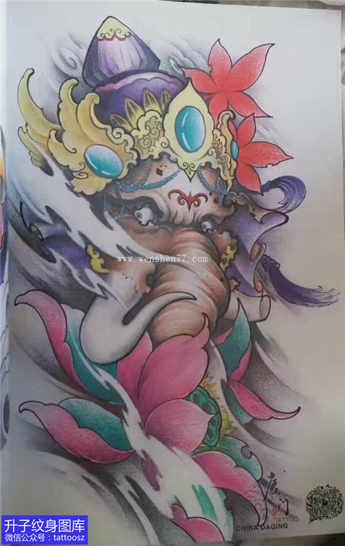 新传统彩色个性象神纹身手稿图片