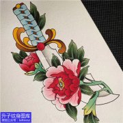 <b>欧美彩色匕首牡丹花五里店纹身手稿图案</b>