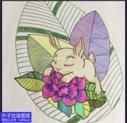 <b>欧美个性绚丽彩色兔子玫瑰花纹身手稿图案</b>