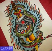 <b>欧美彩色骷髅与蛇纹身手稿图案</b>
