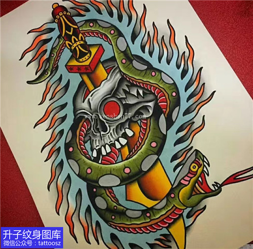 欧美彩色骷髅与蛇纹身手稿图案