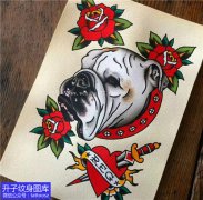<b>欧美彩色狗与玫瑰花纹身手稿图片</b>