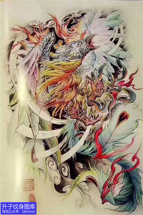 彩色传统凤凰纹身手稿图案