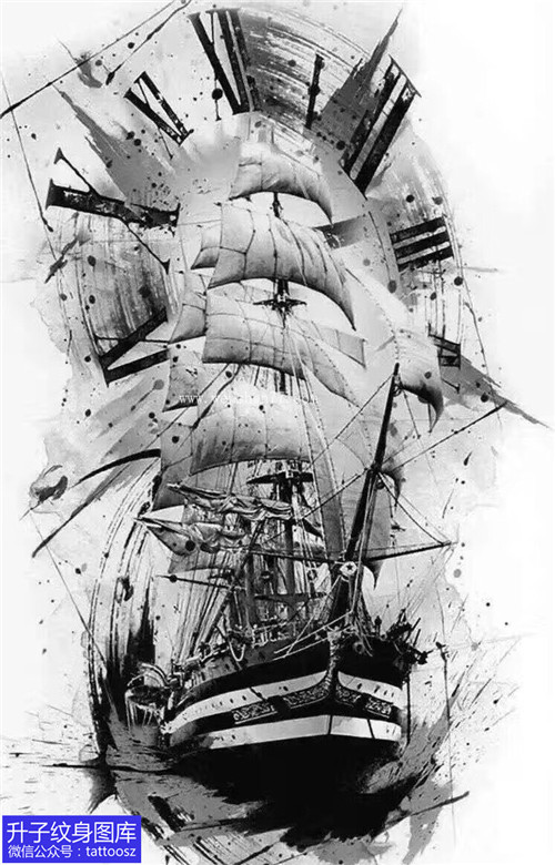 欧美黑灰船帆钟表纹身手稿图案