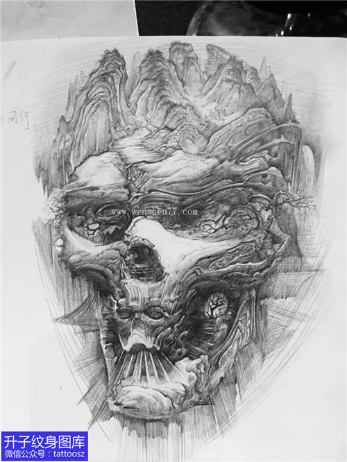 黑灰素描骷髅头纹身手稿图案