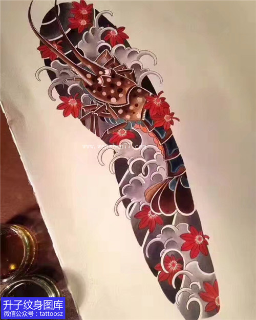 老传统花臂龙虾樱花纹身手稿图案