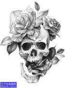 <b>黑灰素描骷髅玫瑰花纹身图案</b>