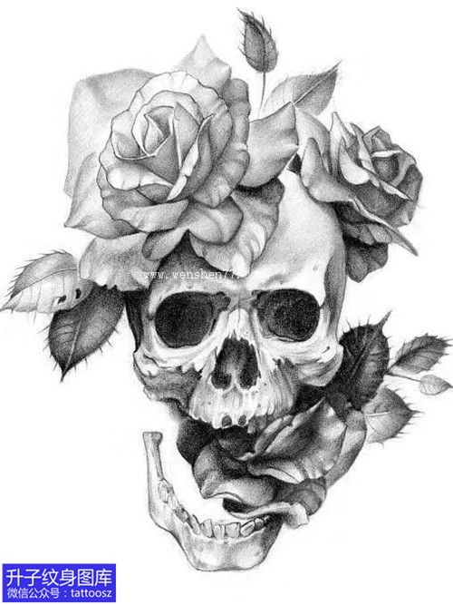 黑灰素描骷髅玫瑰花纹身图案