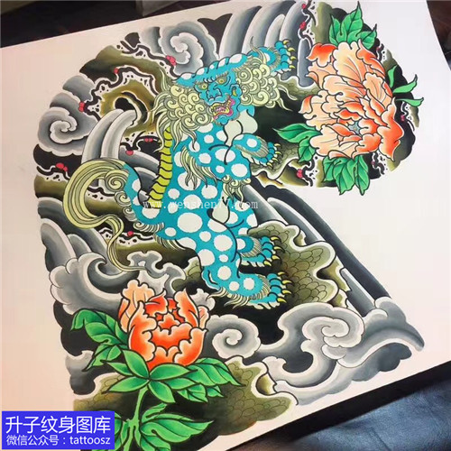 传统彩色唐狮牡丹花纹身手稿图案