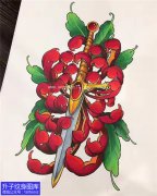 <b>new school彩色剑与菊花纹身手稿图案</b>