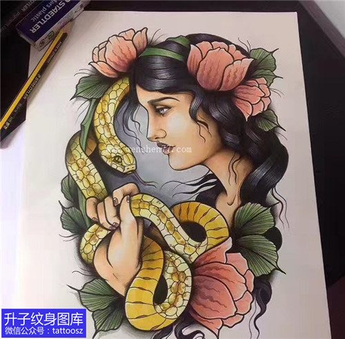 欧美彩色女士与蛇牡丹花纹身手稿图案