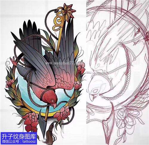 彩色new school动物鸟纹身手稿图案