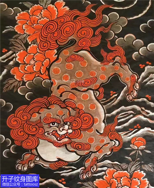 浮世绘彩色唐狮纹身手稿图案