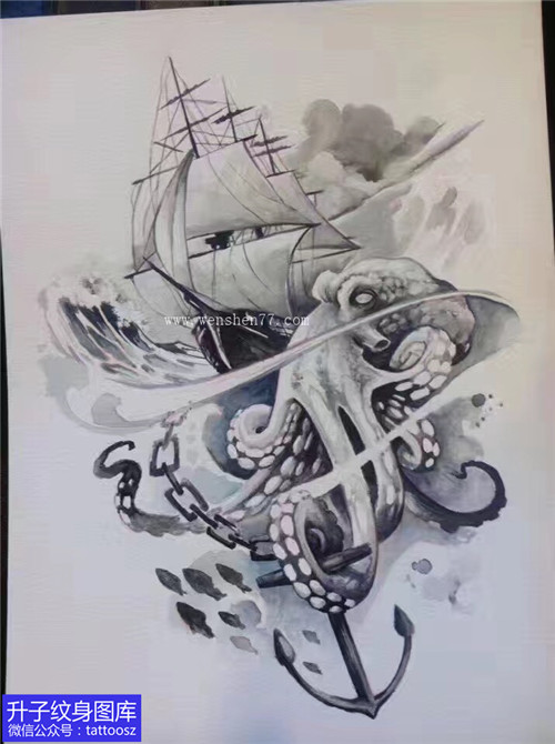 章鱼船帆纹身手稿图案