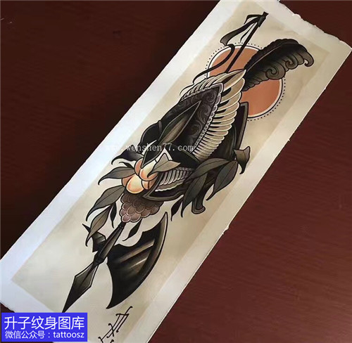 欧美弓箭与鸟纹身手稿图案