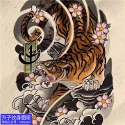 <b>彩色老虎樱花纹身手稿图案</b>