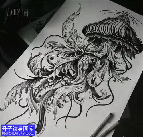 欧美黑灰水母纹身手稿图案