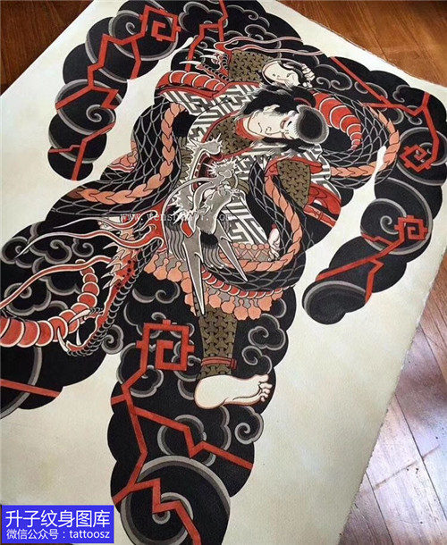 浮世绘日本人物龙纹身手稿图案