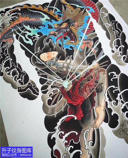 满背日本人物与龙纹身手稿图案