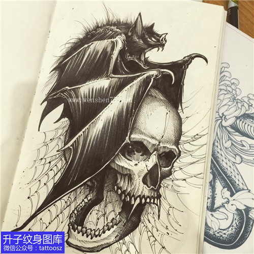 骷髅蝙蝠纹身手稿图案