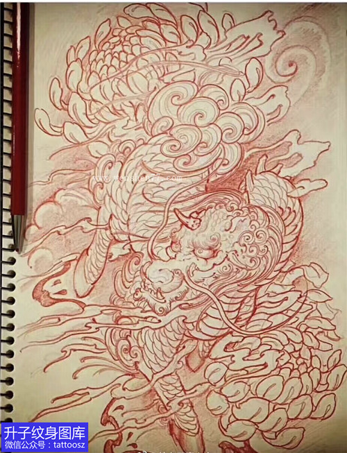 线条麒麟菊花纹身手稿图案