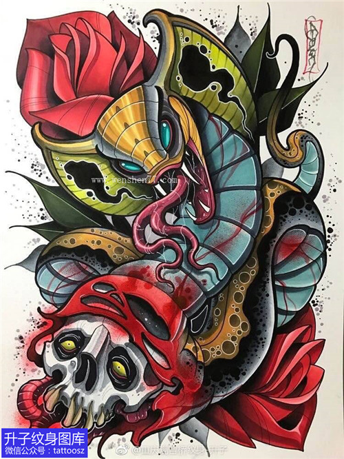 欧美骷髅蛇玫瑰花纹身手稿图案