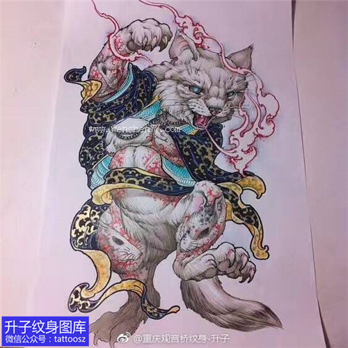 彩色猫妖纹身手稿图案