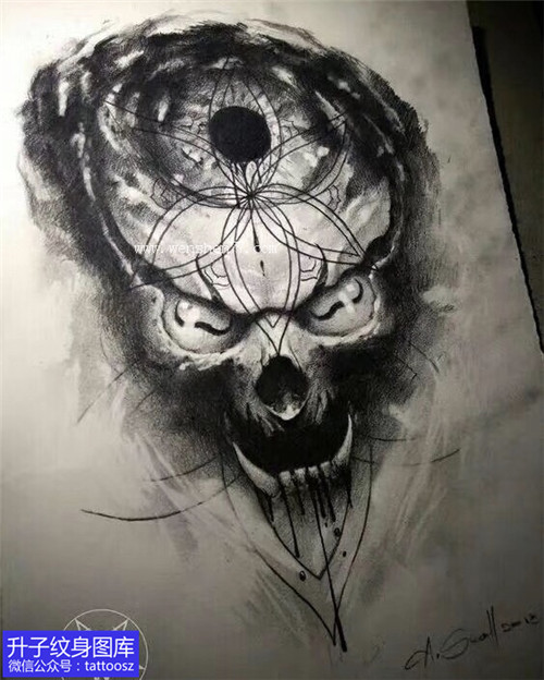 黑灰邪恶的骷髅头纹身图案