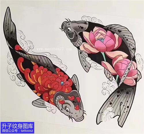 双鲤鱼纹身手稿图案