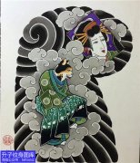 <b>老传统半甲猫妖与艺伎纹身手稿图案</b>
