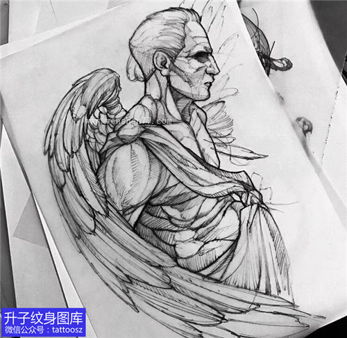 欧美黑狐点线天使纹身手稿图案