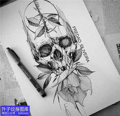 骷髅头玫瑰花纹身手稿图案
