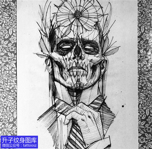 绅士头骨架太阳花纹身手稿图案