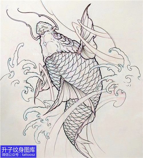 传统线条鲤鱼纹身手稿图案