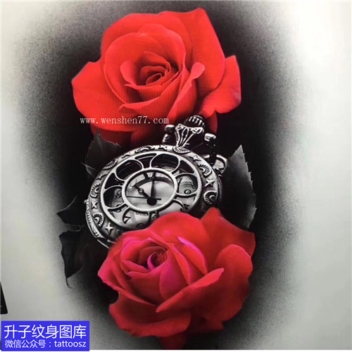 大红色玫瑰花钟表纹身手稿图案