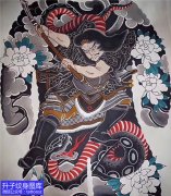 <b>满背老传统武士与蛇纹身手稿图案</b>