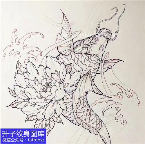 鱼牡丹花纹身手稿图案