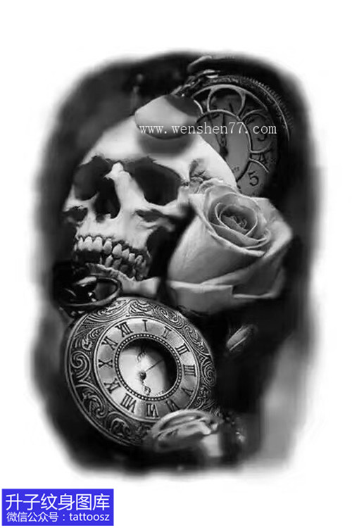 欧美黑灰钟表骷髅头玫瑰花纹身手稿图案