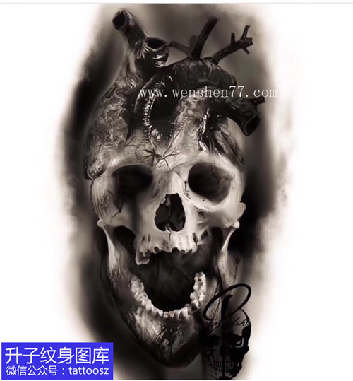 欧美黑灰骷髅头与心脏的结合纹身手稿图案