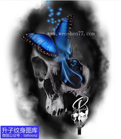 黑暗骷髅头与蝴蝶纹身手稿图案