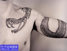 男性半甲蛇骨头纹身图案