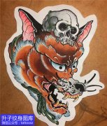 <b>彩色狐狸与骷髅头纹身手稿图案</b>