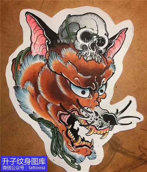 彩色狐狸与骷髅头纹身手稿图案
