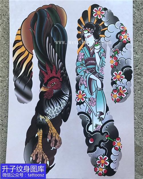 传统全甲公鸡与艺伎纹身手稿图案