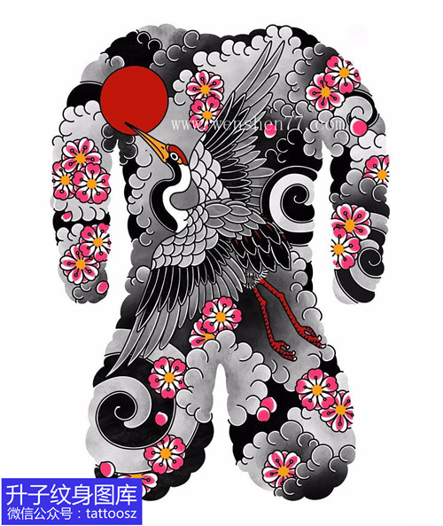大满背彩色老传统仙鹤樱花纹身手稿图案