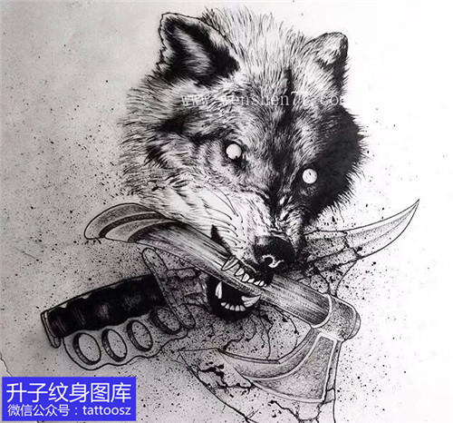黑灰素描狼头匕首斧头纹身手稿图案
