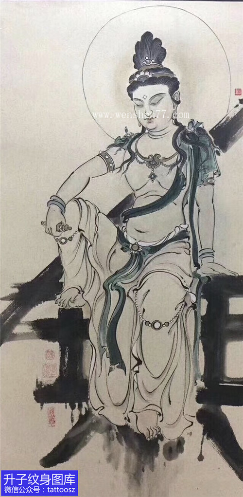 中国国画风格菩萨纹身手稿图案