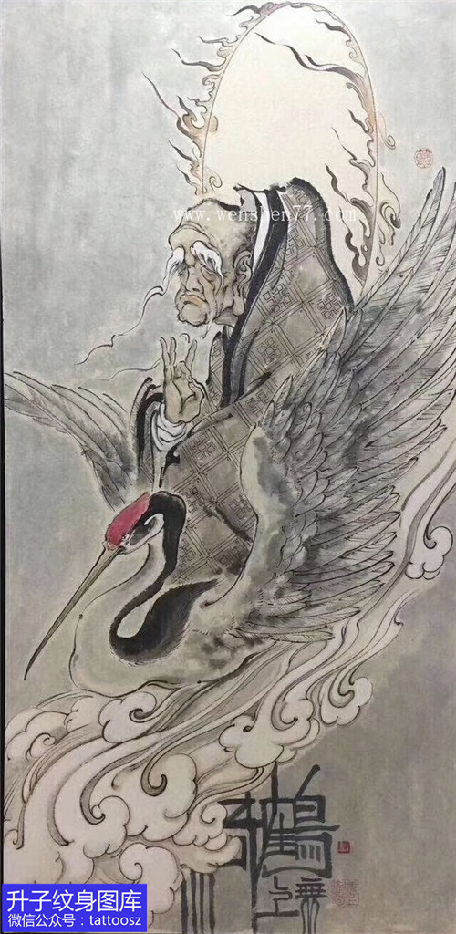 中国风达摩与仙鹤纹身手稿图案