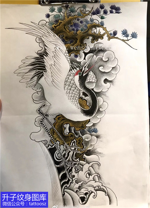 新传统彩色仙鹤纹身手稿图案